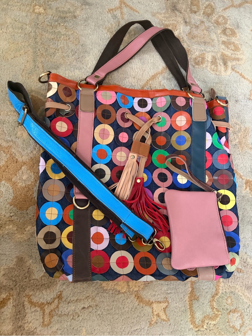 Ameri Leather Multicolor Circle-Print Women’s Tote Bag with Pink Accent